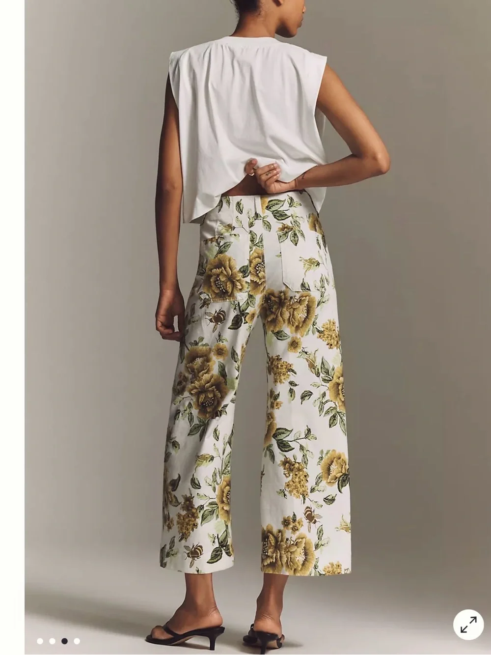 New- Mauve White Wide-Leg Pants with Yellow Floral Print - Picture 3 of 7